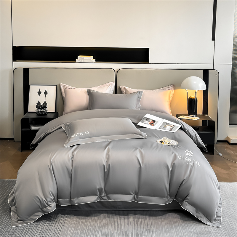 80支绣花被套/全棉长绒棉纯色贡缎嵌绳绣花四件套/欧式/酒店民宿/家用被套床单枕套